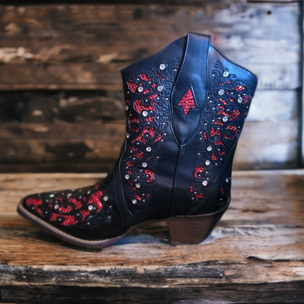 Embroidered & Embellished Black and Red Cowgirl Booties